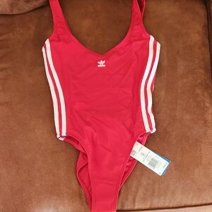 Adidas Red One-Piece Swimsuit with White Side Stripes